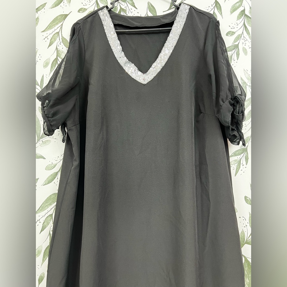 Loose Comfy V Neck Short Sleeve Bow Off Shoulder Midi Sequin Dress Boho Size XXL - Picture 4 of 14
